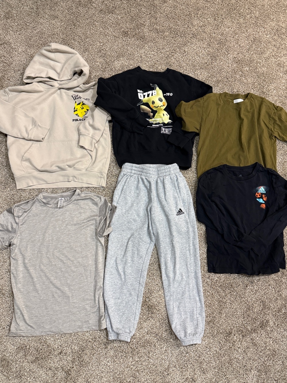 Pikachu Graphic Hoodie + Assorted Tops Bundle - Beige, Black, Olive, Gray
